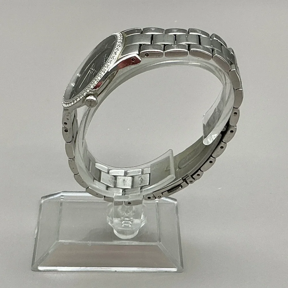 Skagen Watch Women's Silver Tone Black Dial Crystal Bezel 32mm NEW BATTERY 6.75